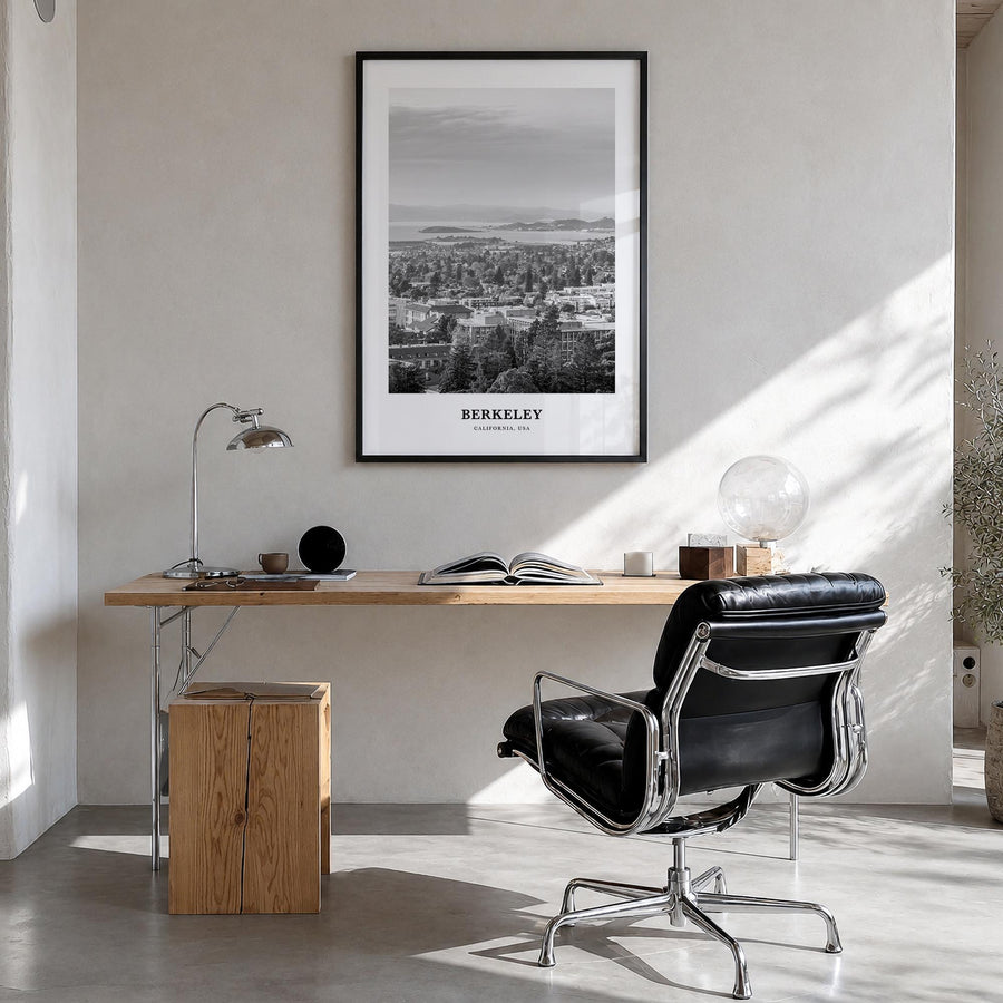 Berkeley black & white classic poster of California, USA – vertical wall art in black wood frame, hanging on wall
