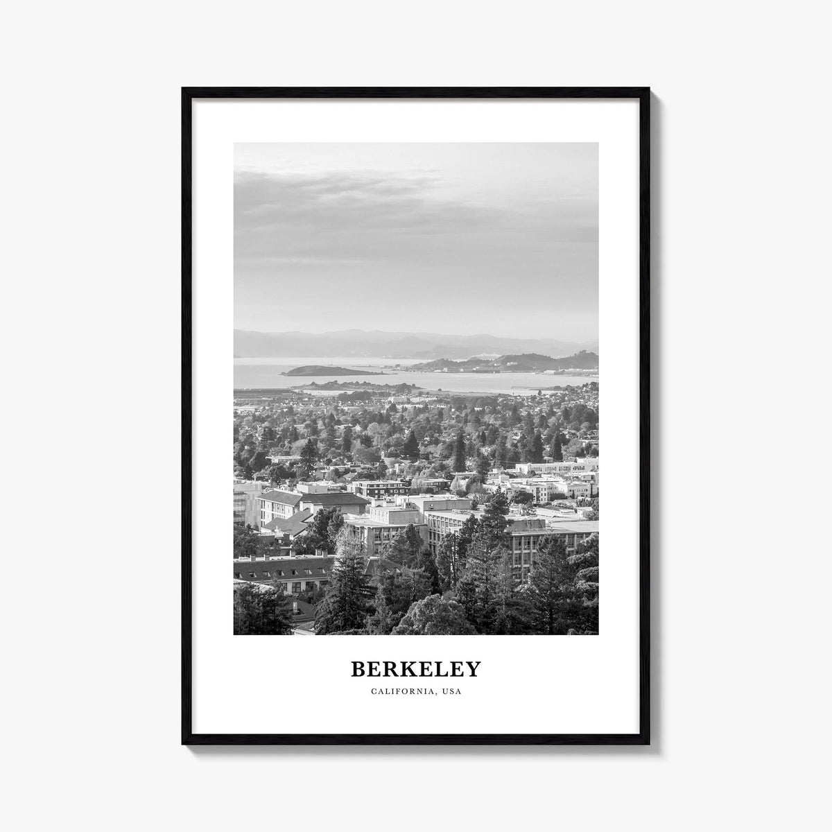 Berkeley black & white classic poster of California, USA – vertical wall art, unframed print shown in interior mockup