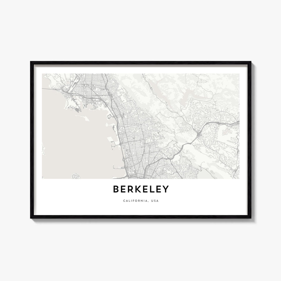 Berkeley black & white map poster of California, USA – horizontal wall art, unframed print shown in interior mockup