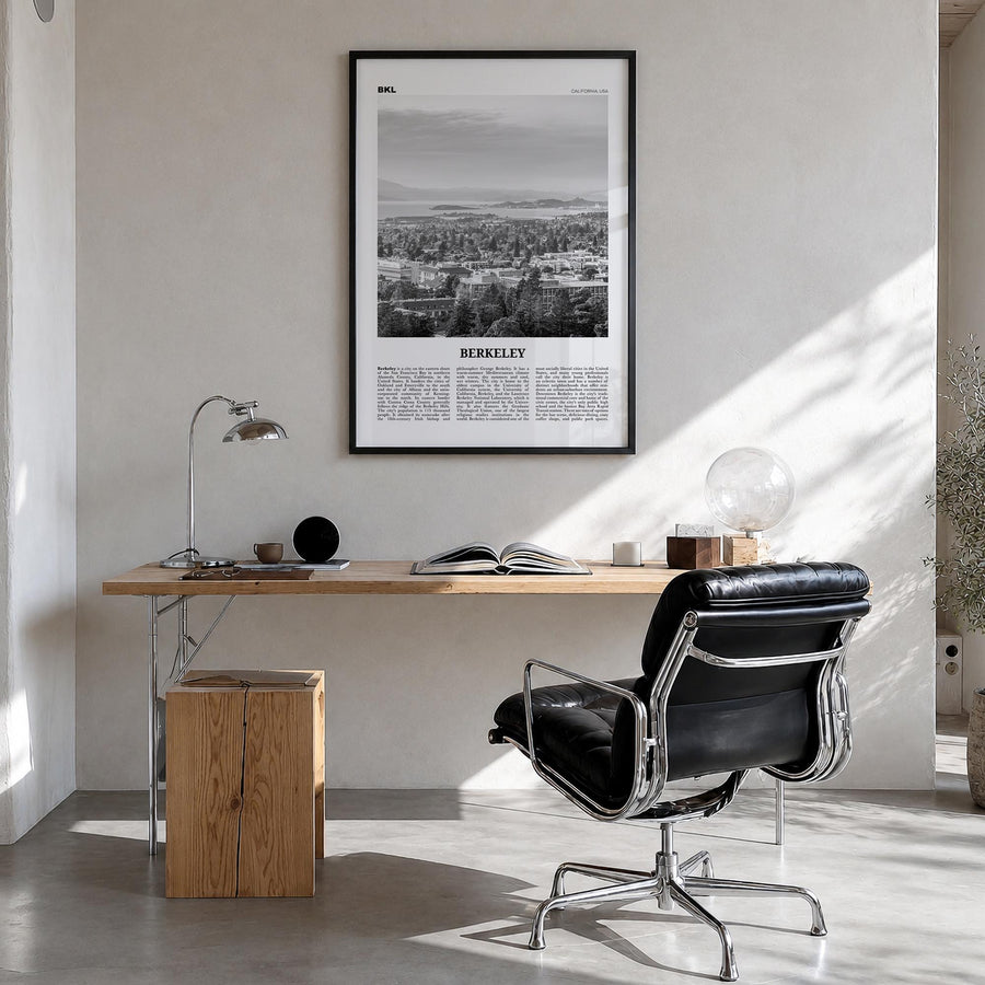 Berkeley black & white newspaper poster of California, USA – vertical wall art in black wood frame, hanging on wall