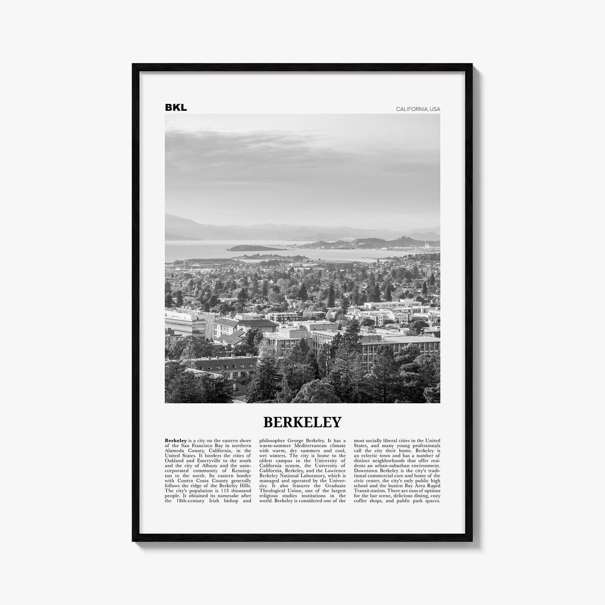 Berkeley black & white newspaper poster of California, USA – vertical wall art, unframed print shown in interior mockup