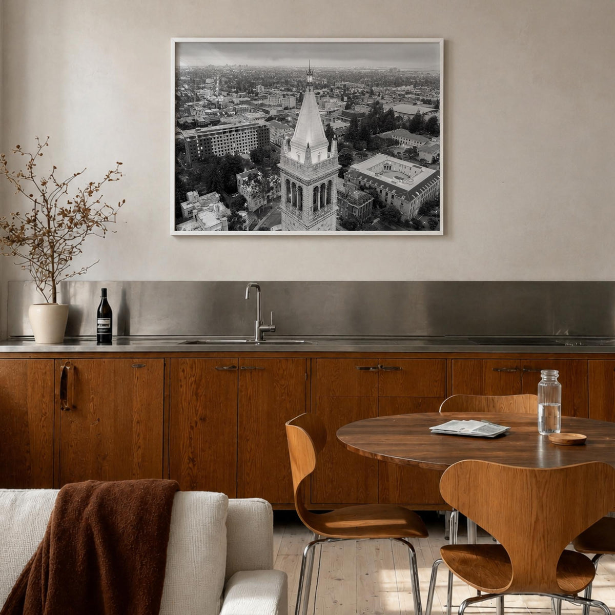 Berkeley black & white photo poster of California, USA – horizontal wall art in white wood frame, hanging on wall