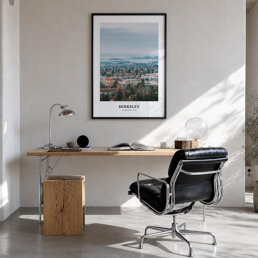 Berkeley colorful classic poster of California, USA – vertical wall art in black wood frame, hanging on wall
