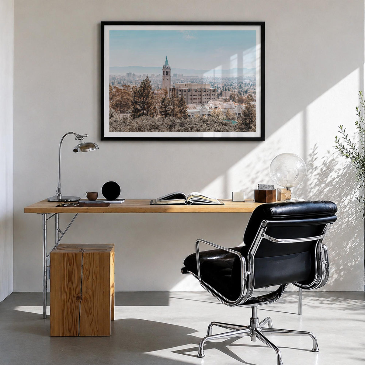 Berkeley colorful photo poster of California, USA – horizontal wall art in black wood frame with white border, hanging on wal