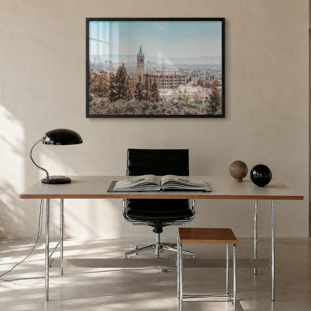 Berkeley colorful photo poster of California, USA – horizontal wall art in black wood frame, hanging on wall