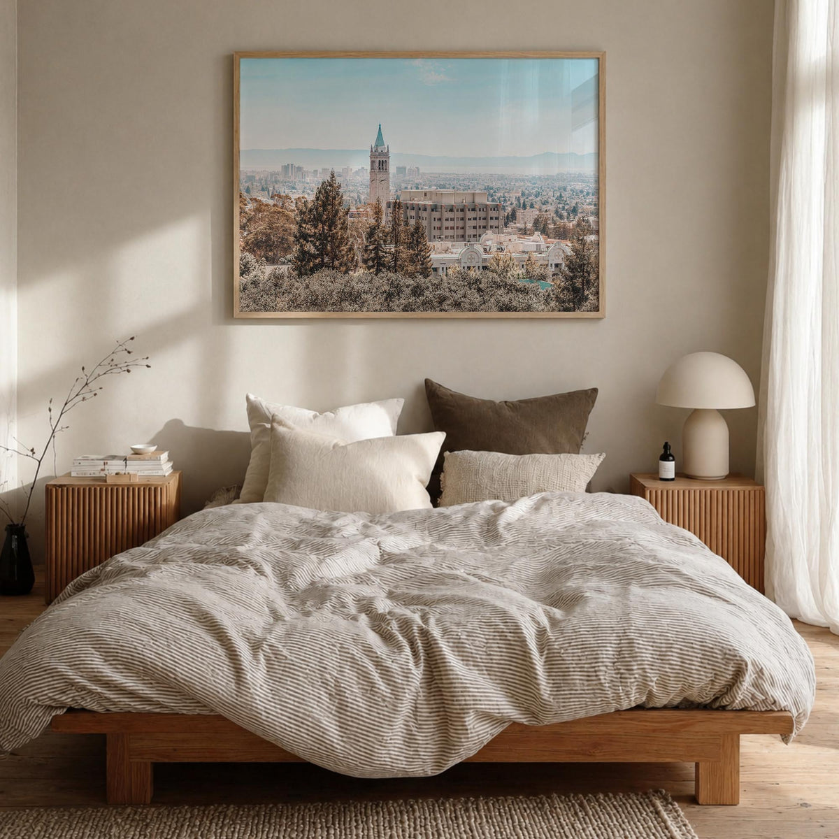 Berkeley colorful photo poster of California, USA – horizontal wall art in natural wood frame, hanging on wall