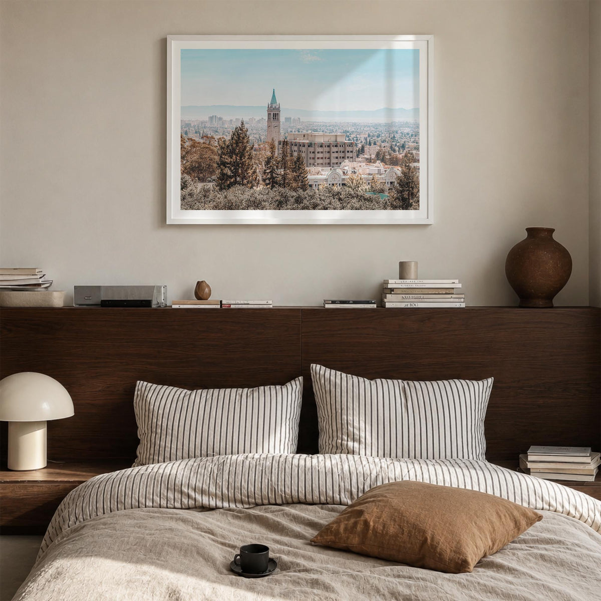 Berkeley colorful photo poster of California, USA – horizontal wall art in white wood frame with white border, hanging on wal