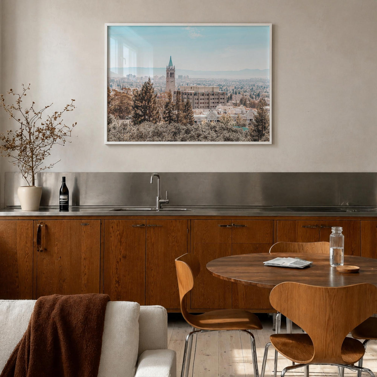 Berkeley colorful photo poster of California, USA – horizontal wall art in white wood frame, hanging on wall