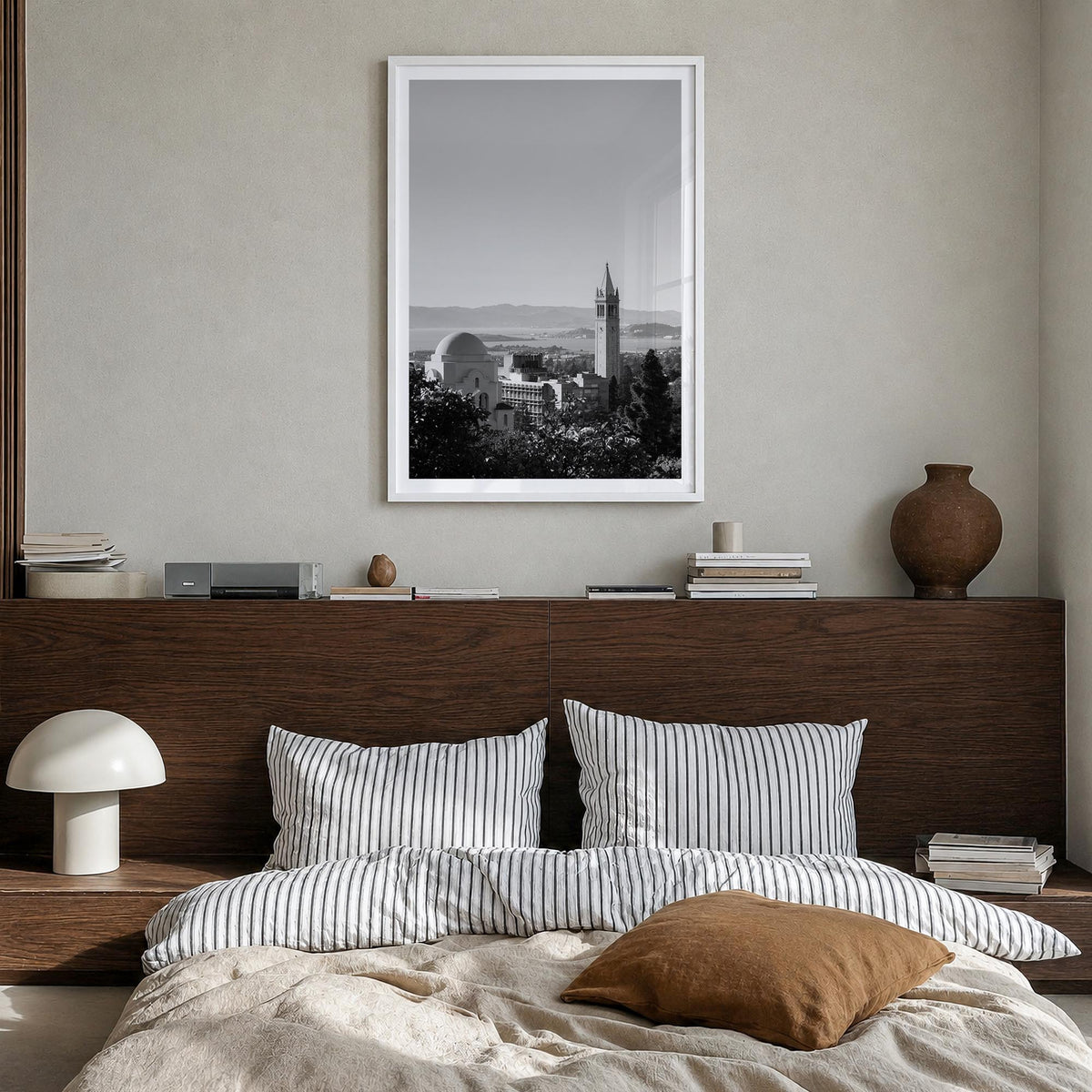 Berkeley no. 1 black & white photo poster of California, USA – vertical wall art in white wood frame with white border, hangi
