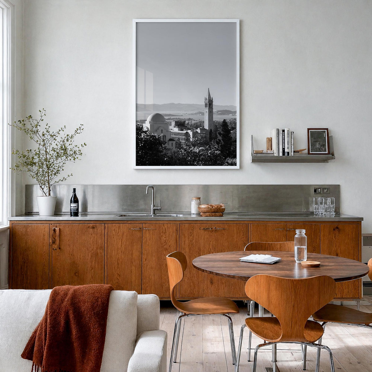 Berkeley no. 1 black & white photo poster of California, USA – vertical wall art in white wood frame, hanging on wall