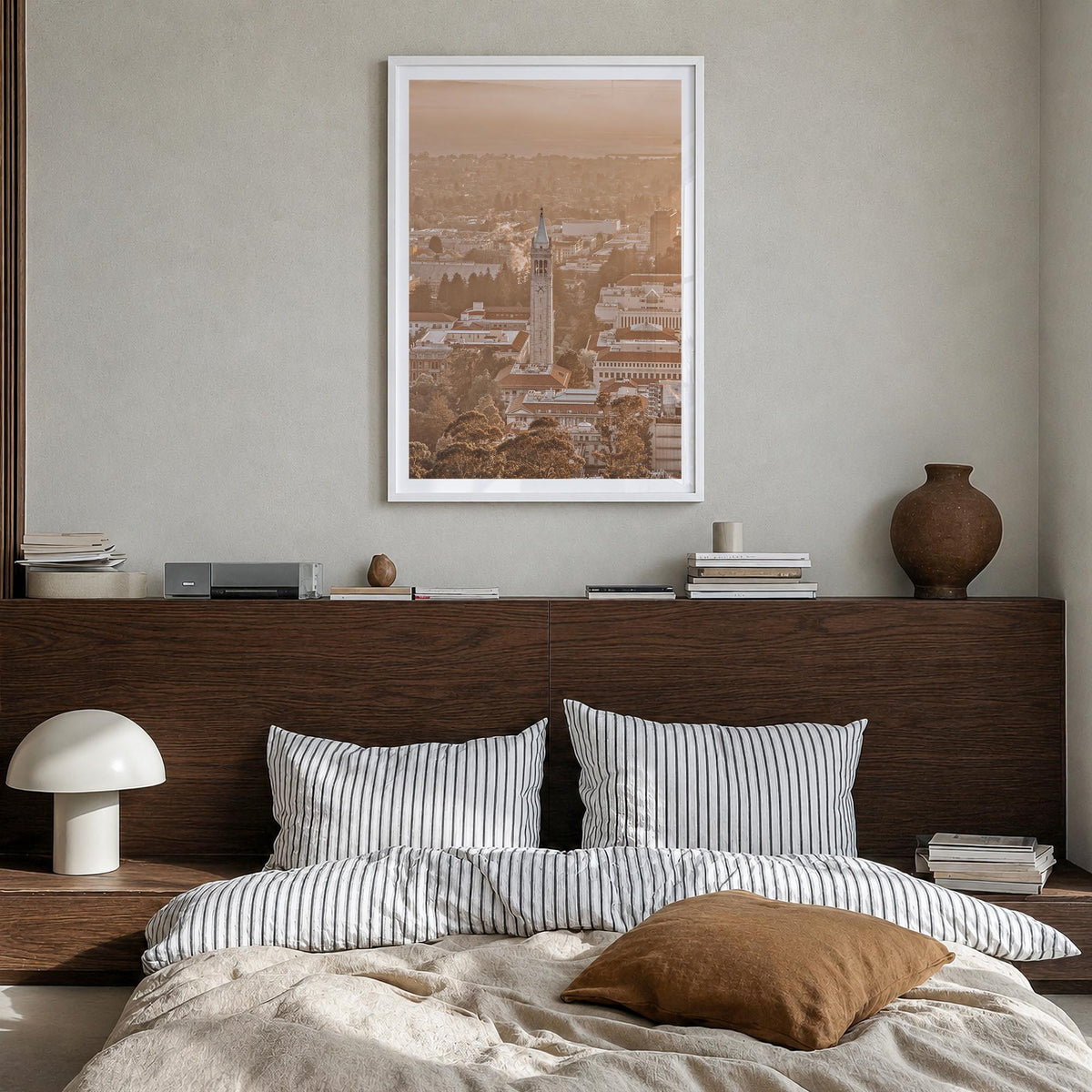 Berkeley no. 1 colorful photo poster of California, USA – vertical wall art in white wood frame with white border, hanging on