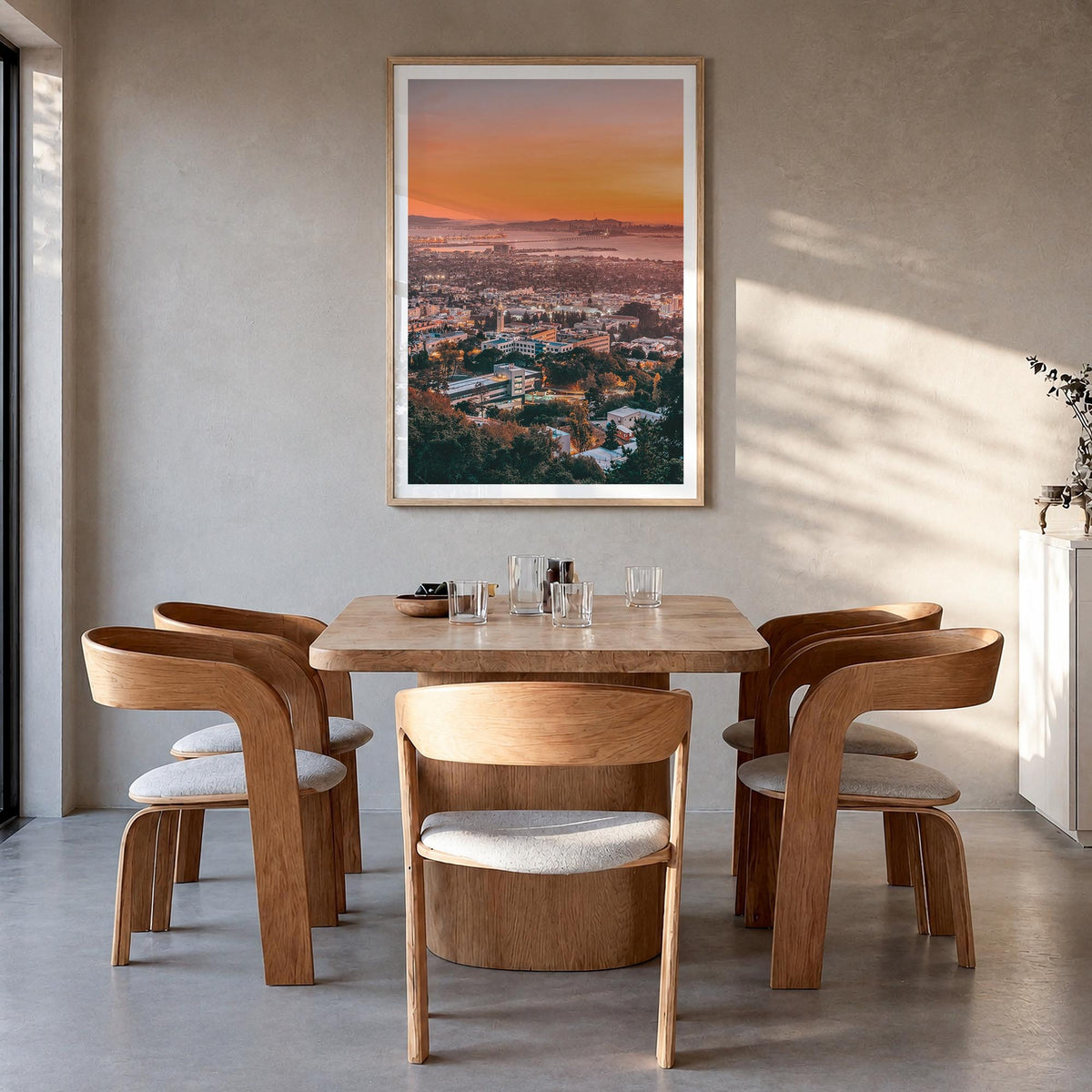 Berkeley no. 2 colorful photo poster of California, USA – vertical wall art in natural wood frame with white border, hanging 