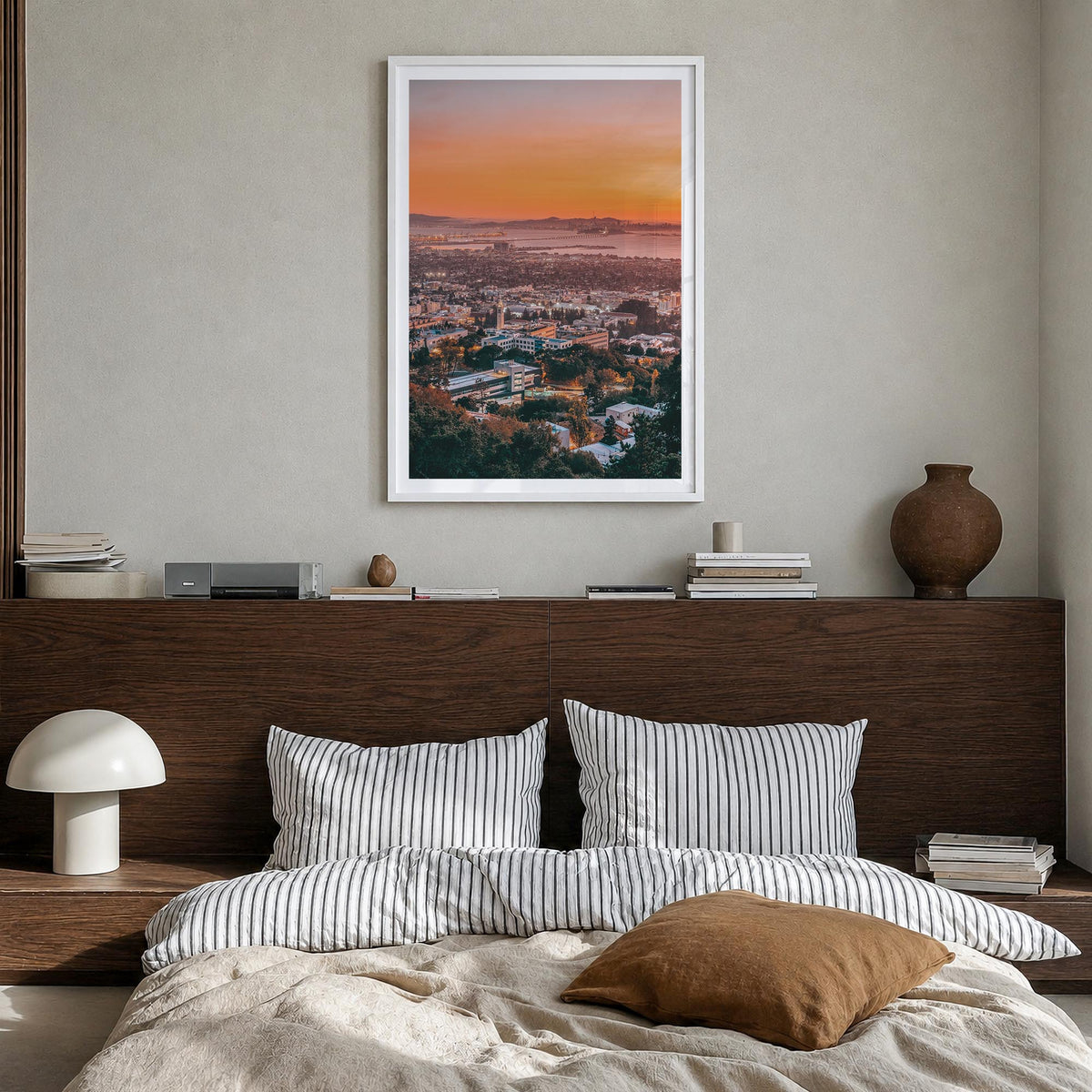 Berkeley no. 2 colorful photo poster of California, USA – vertical wall art in white wood frame with white border, hanging on