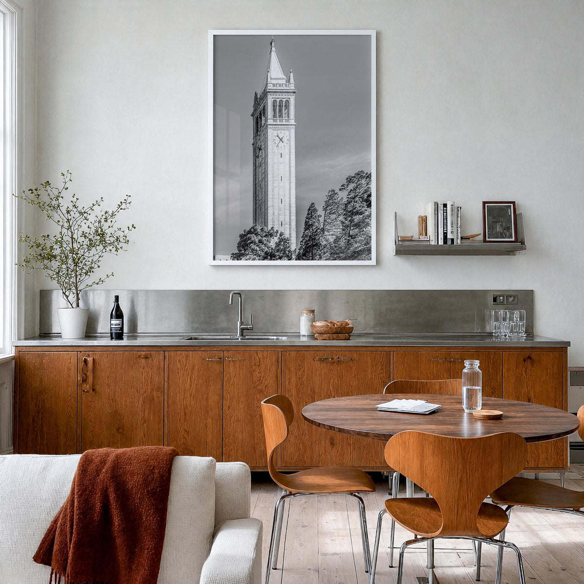 Berkeley no. 3 black & white photo poster of California, USA – vertical wall art in white wood frame, hanging on wall