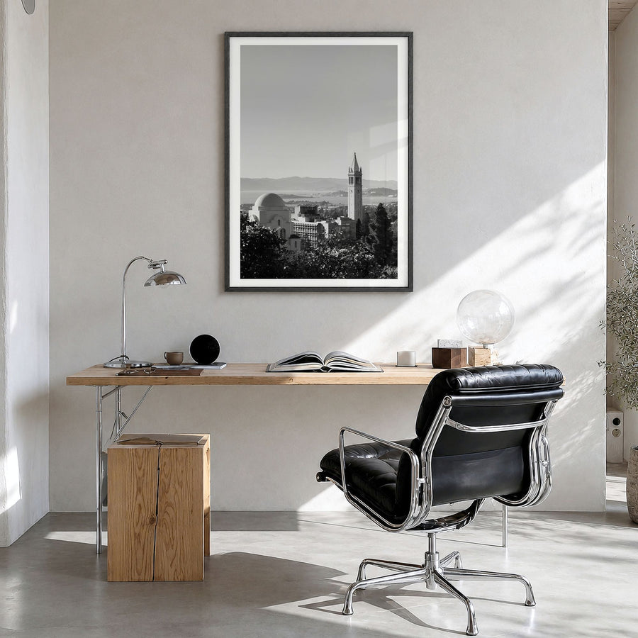 Berkeley Photo No 1 Poster in a black wood frame, hanging in a bright home office, white border