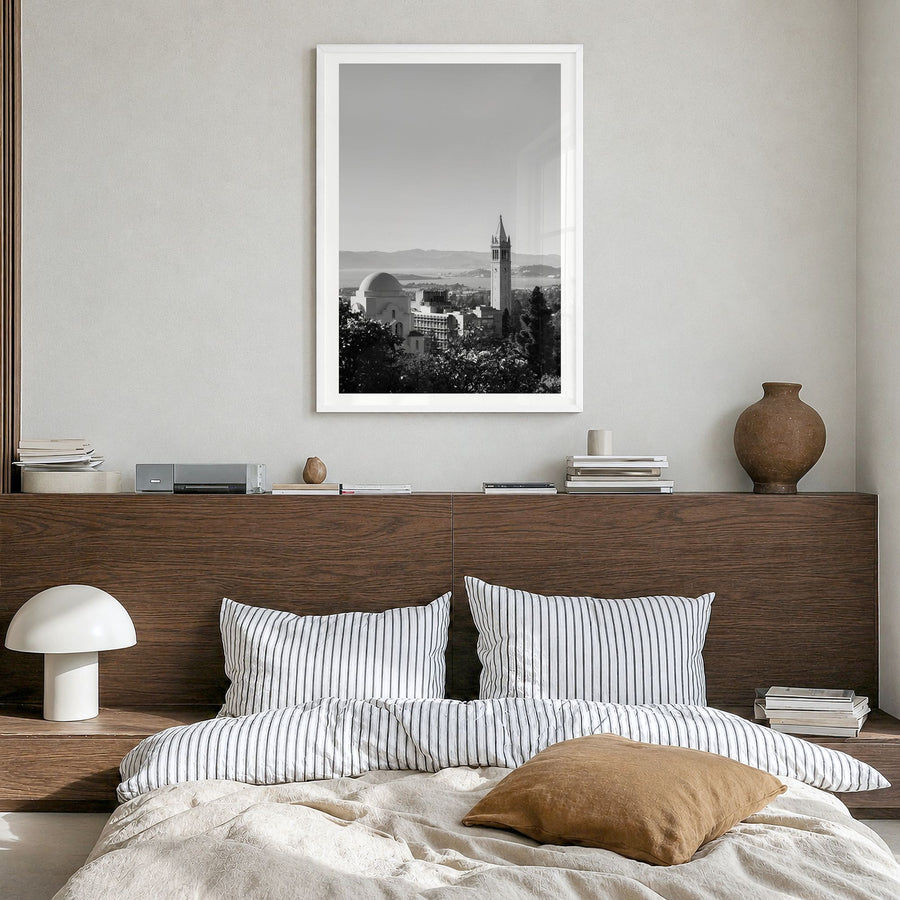 Berkeley Photo No 1 Poster in a white wood frame, hanging in a bedroom, white border