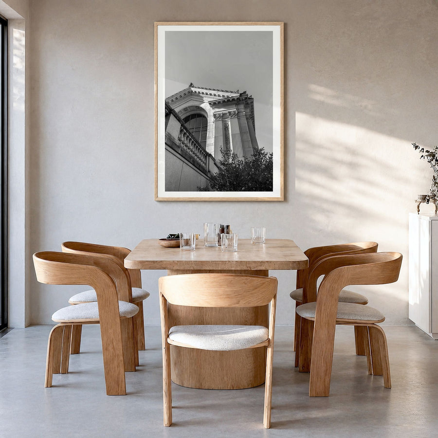 Berkeley Photo No 2 Poster in a natural wood frame, hanging in a dining room, white border