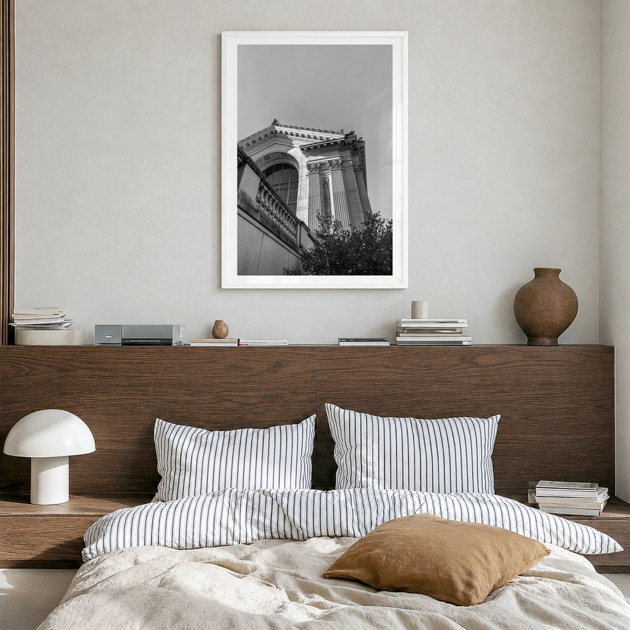 Berkeley Photo No 2 Poster in a white wood frame, hanging in a bedroom, white border