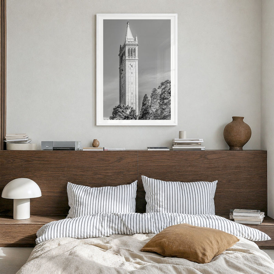 Berkeley Photo No 3 Poster in a white wood frame, hanging in a bedroom, white border
