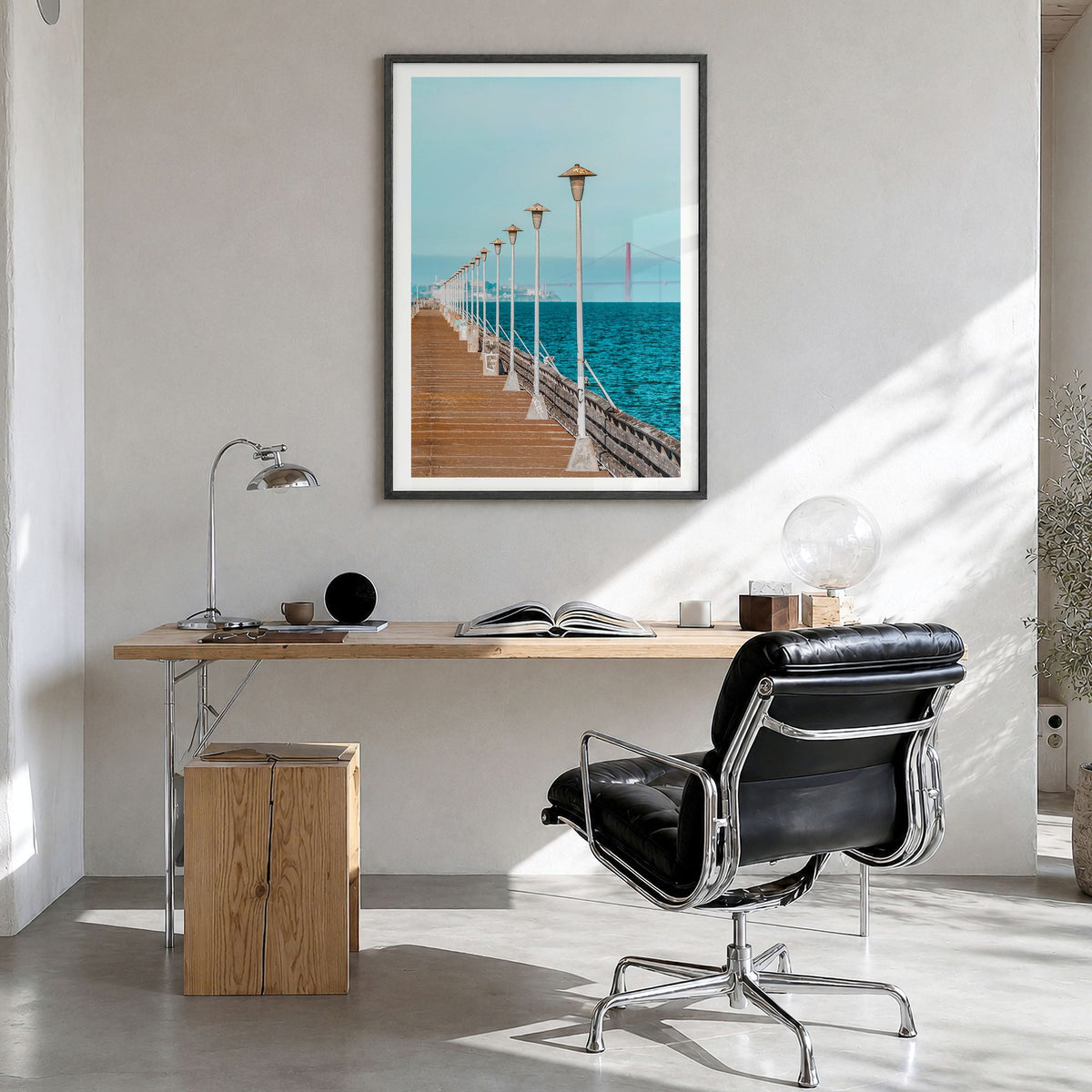 Berkeley Photo No 3 Poster in a black wood frame, hanging in a bright home office, white border