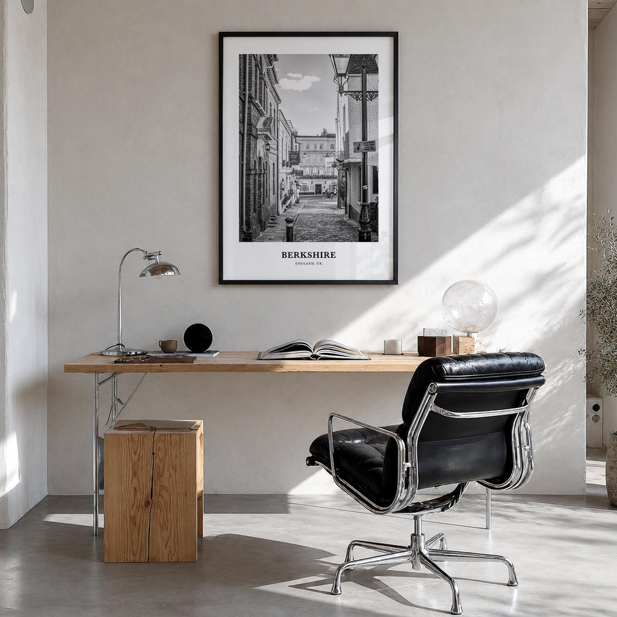 Berkshire black & white classic poster of England, UK – vertical wall art in black wood frame, hanging on wall