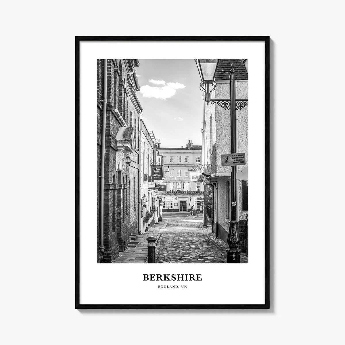 Berkshire black & white classic poster of England, UK – vertical wall art, unframed print shown in interior mockup