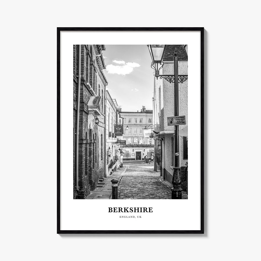 Berkshire black & white classic poster of England, UK – vertical wall art, unframed print shown in interior mockup