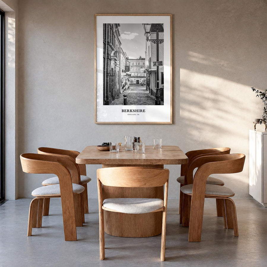 Berkshire black & white classic poster of England, UK – vertical wall art in natural wood frame, hanging on wall
