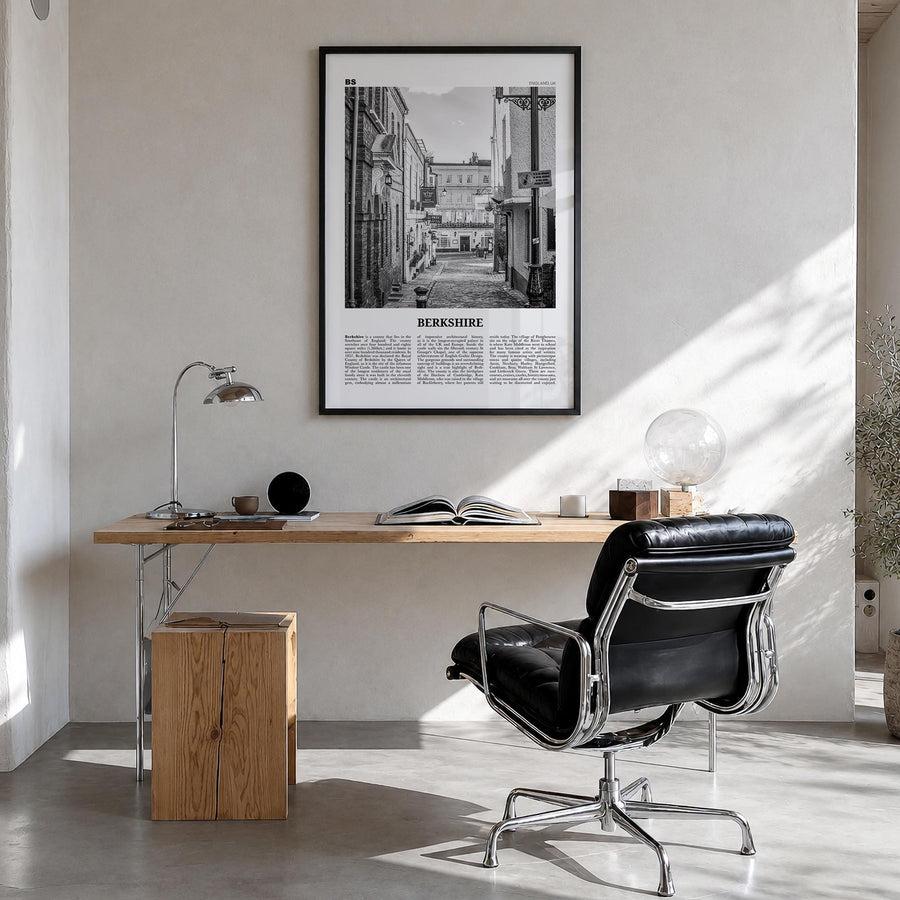 Berkshire black & white newspaper poster of England, UK – vertical wall art in black wood frame, hanging on wall