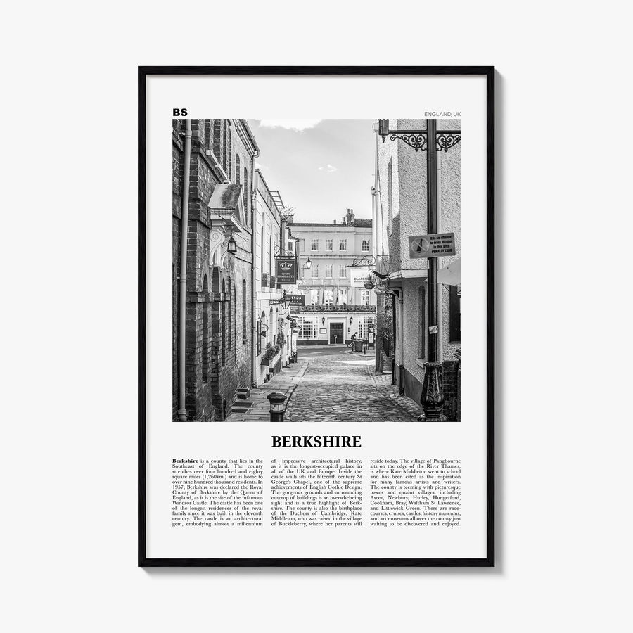 Berkshire black & white newspaper poster of England, UK – vertical wall art, unframed print shown in interior mockup