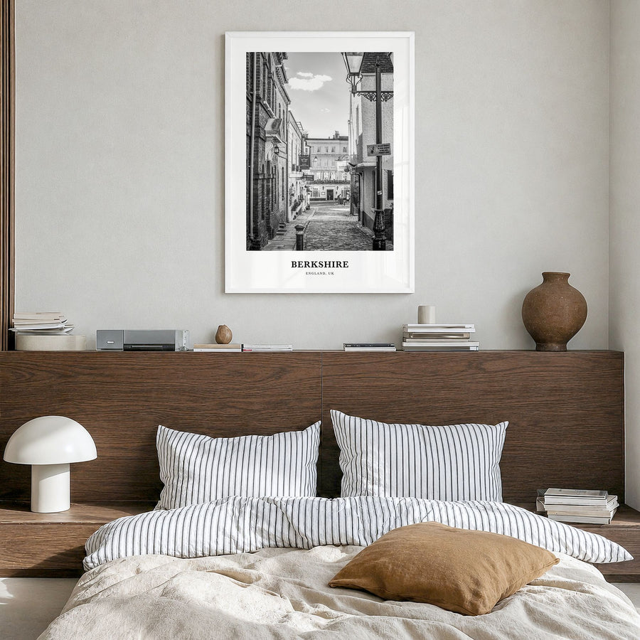 Berkshire, England Classic Poster in a white wood frame, hanging in a bedroom