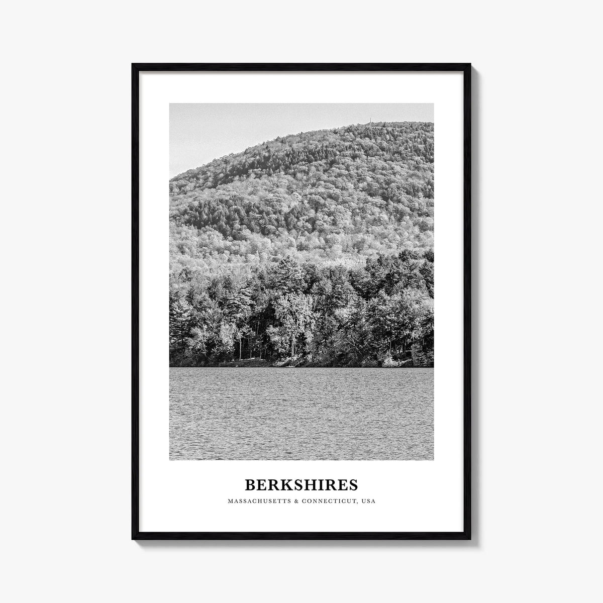 Berkshires black & white classic poster of Massachusetts, USA – vertical wall art, unframed print shown in interior mockup