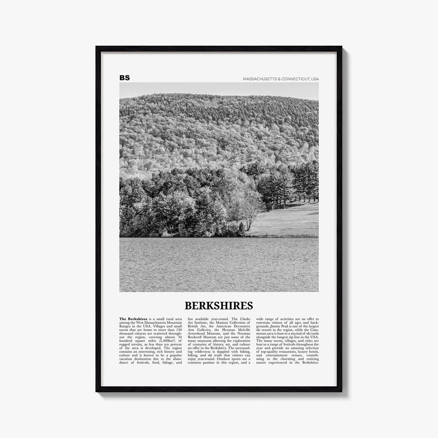 Berkshires black & white newspaper poster of Massachusetts, USA – vertical wall art, unframed print shown in interior mockup