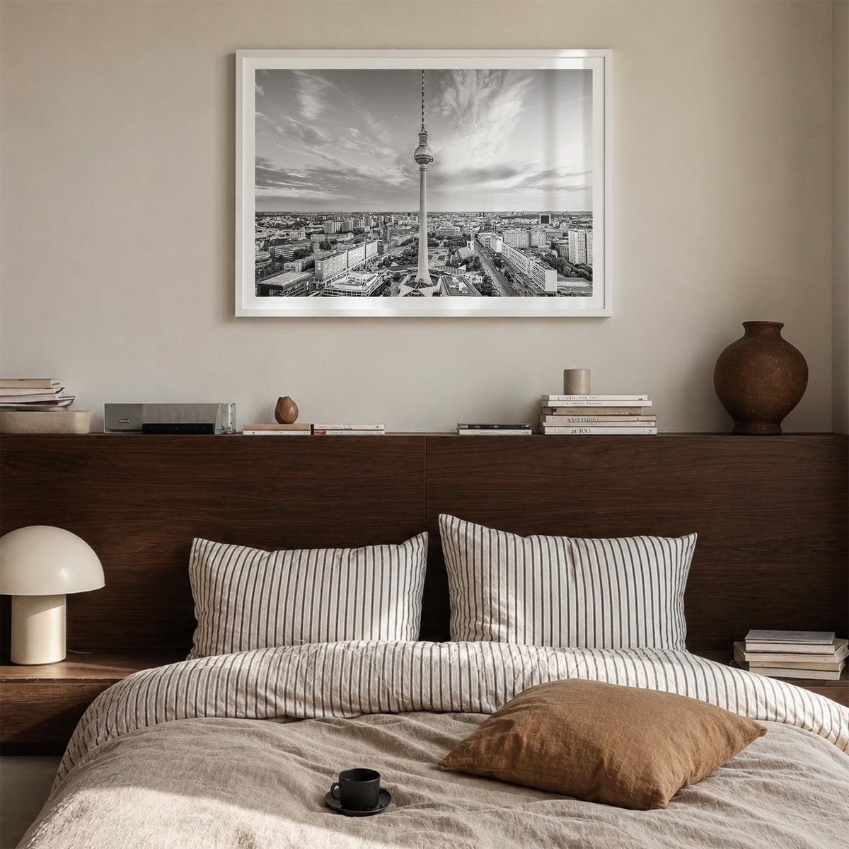 Berlin black & white photo poster of Germany – horizontal wall art in white wood frame with white border, hanging on wall