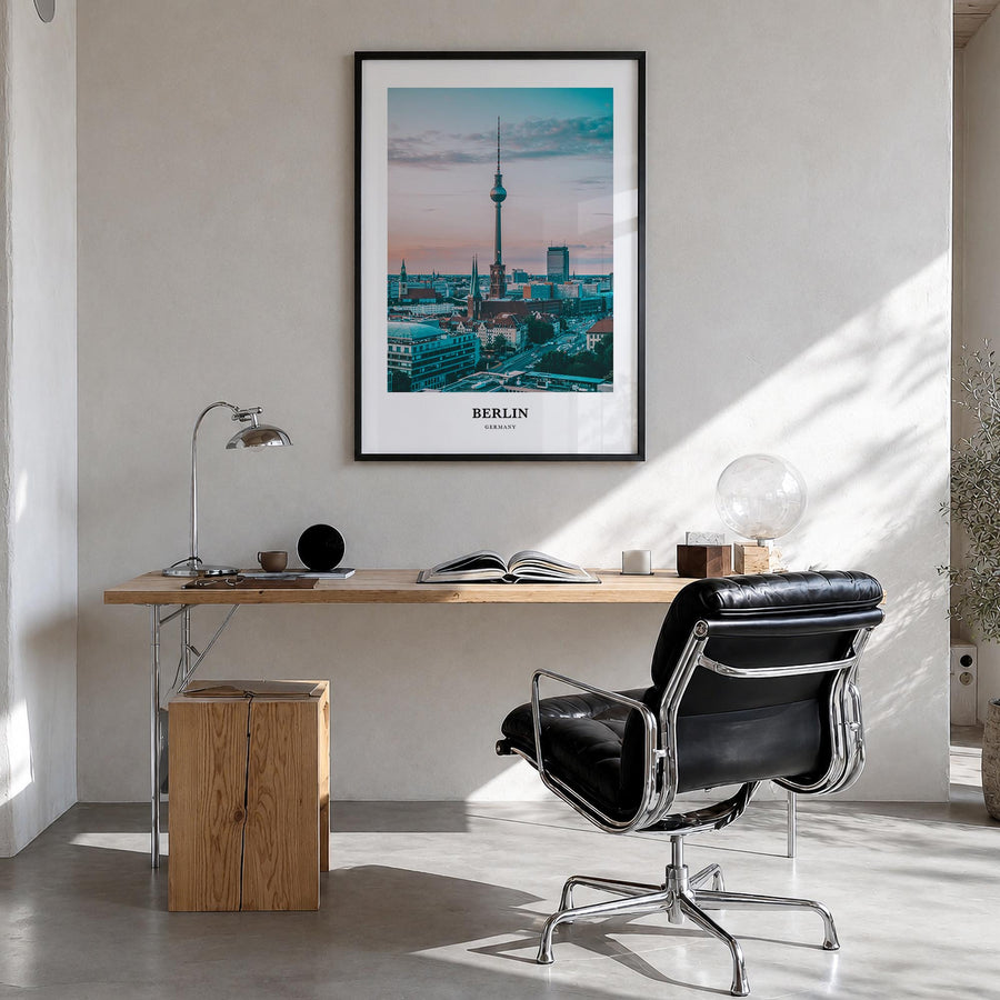 Berlin colorful classic poster of Germany – vertical wall art in black wood frame, hanging on wall