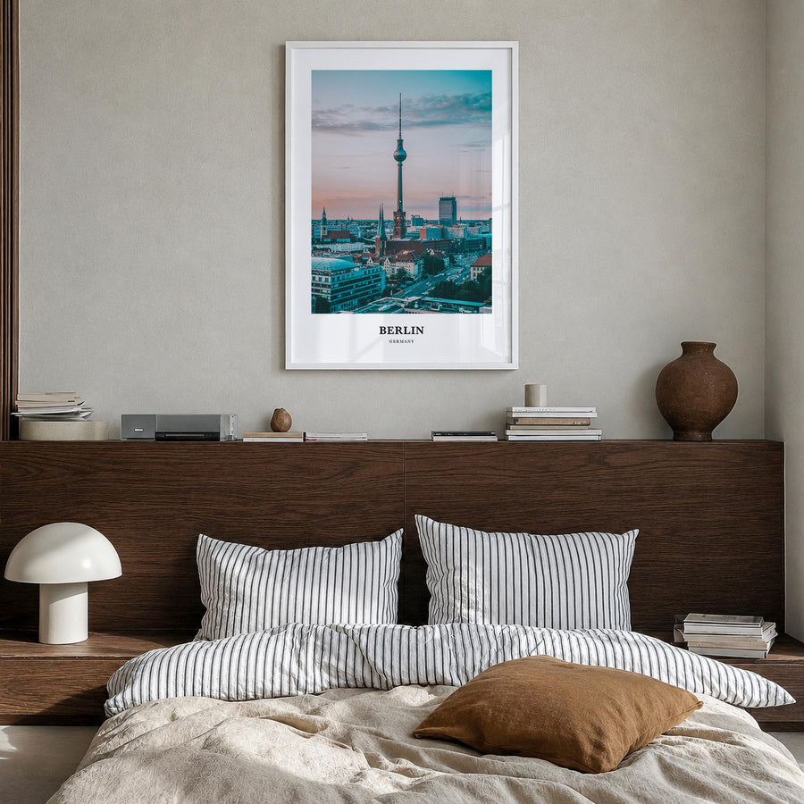 Berlin colorful classic poster of Germany – vertical wall art in white wood frame, hanging on wall