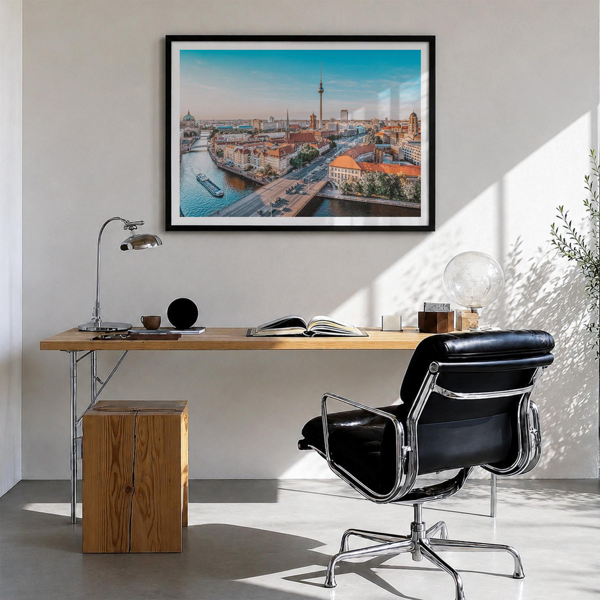 Berlin colorful photo poster of Germany – horizontal wall art in black wood frame with white border, hanging on wall