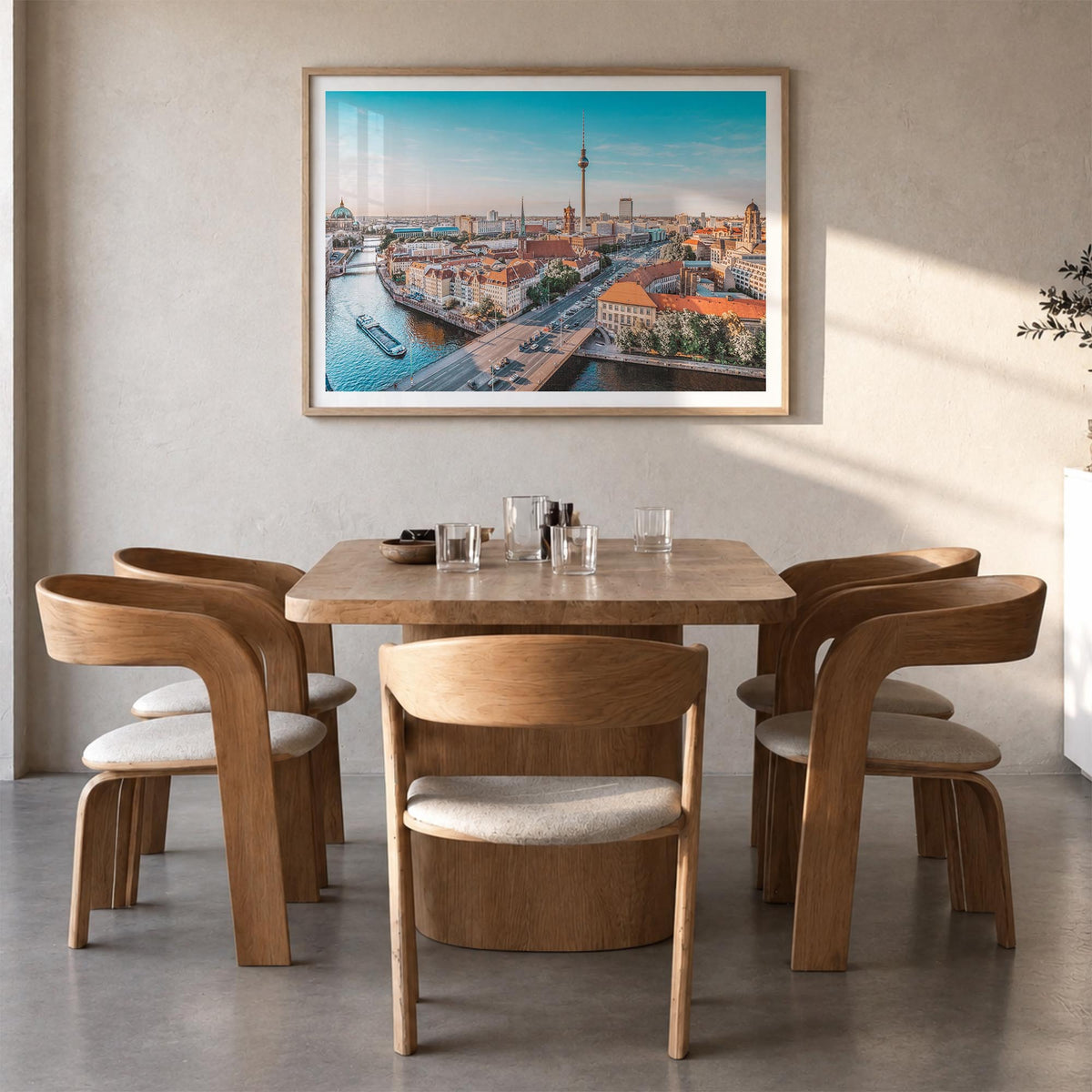 Berlin colorful photo poster of Germany – horizontal wall art in natural wood frame with white border, hanging on wall