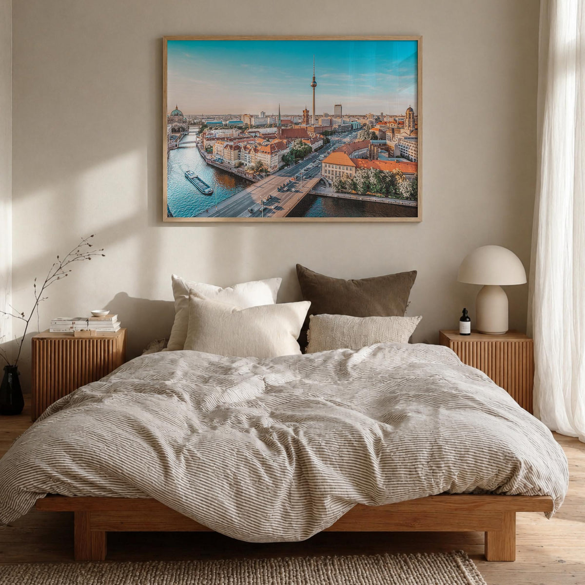 Berlin colorful photo poster of Germany – horizontal wall art in natural wood frame, hanging on wall