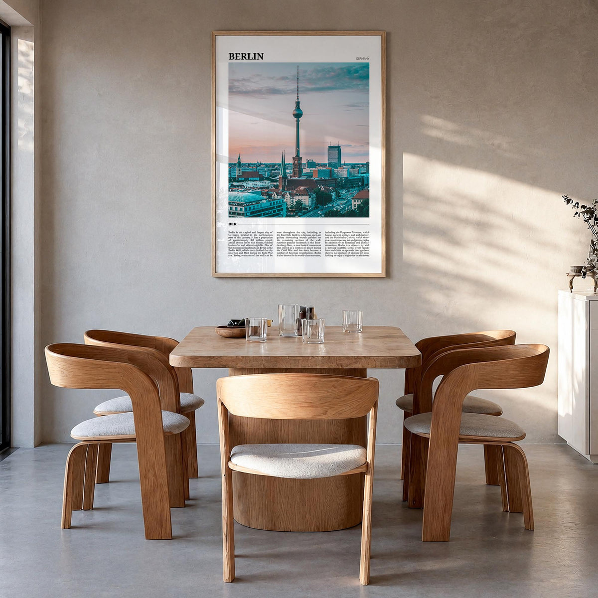 Berlin colorful travel poster of Germany – vertical wall art in natural wood frame, hanging on wall