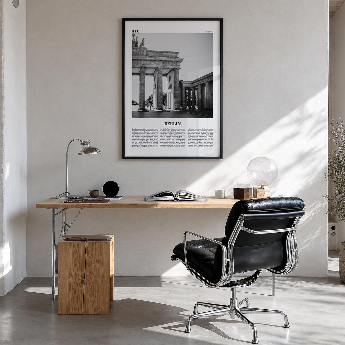 Berlin no. 1 black & white newspaper poster of Germany – vertical wall art in black wood frame, hanging on wall