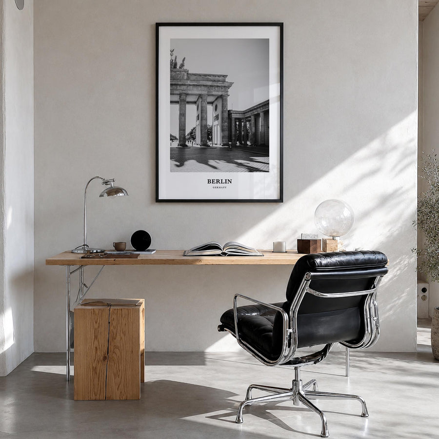 Berlin no. 2 black & white classic poster of Germany – vertical wall art in black wood frame, hanging on wall