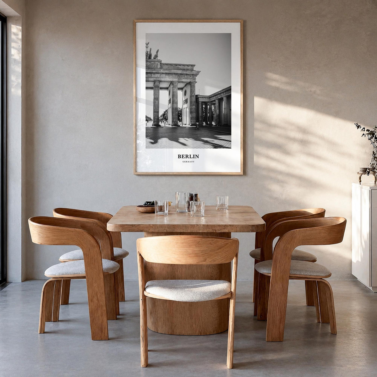 Berlin no. 2 black & white classic poster of Germany – vertical wall art in natural wood frame, hanging on wall