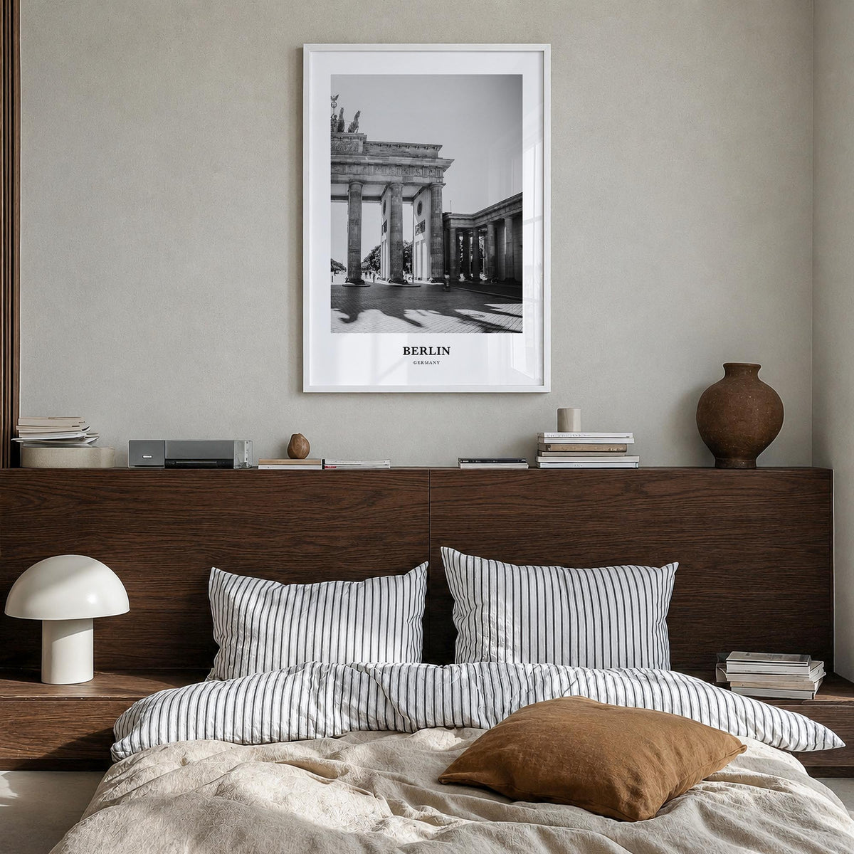 Berlin no. 2 black & white classic poster of Germany – vertical wall art in white wood frame, hanging on wall