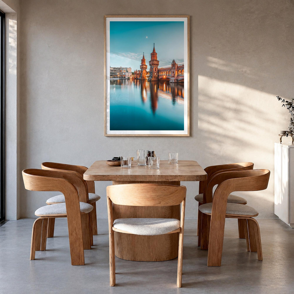 Berlin no. 2 colorful photo poster of Germany – vertical wall art in natural wood frame with white border, hanging on wall