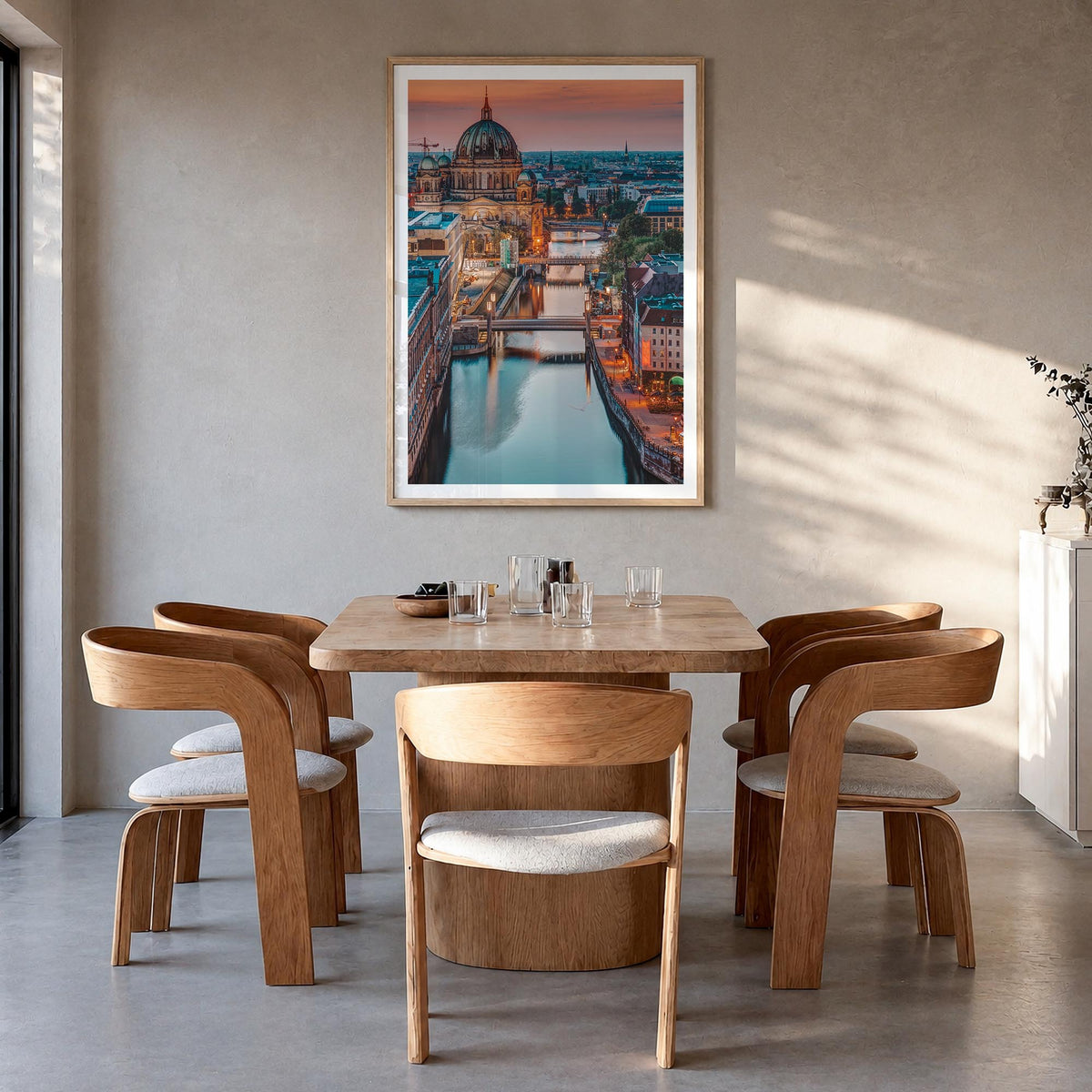 Berlin no. 3 colorful photo poster of Germany – vertical wall art in natural wood frame with white border, hanging on wall