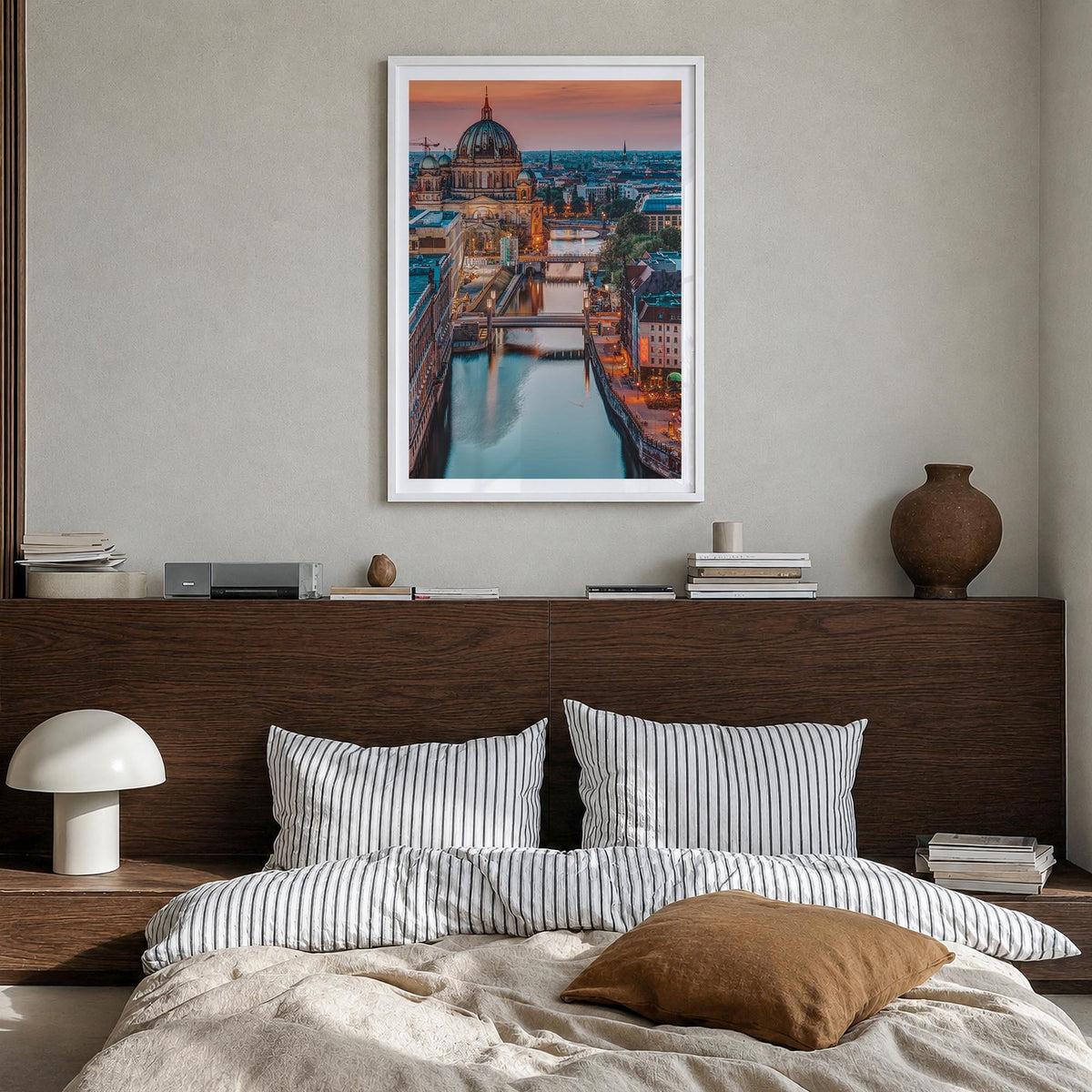 Berlin no. 3 colorful photo poster of Germany – vertical wall art in white wood frame with white border, hanging on wall