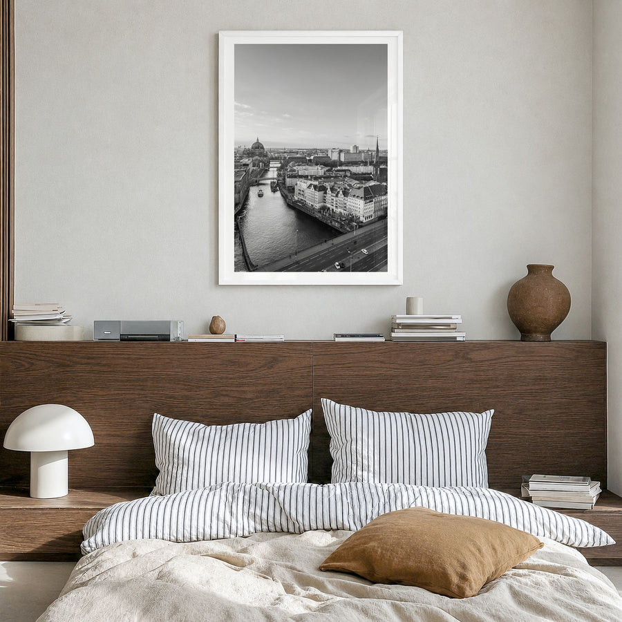 Berlin Photo No 1 Poster in a white wood frame, hanging in a bedroom, white border