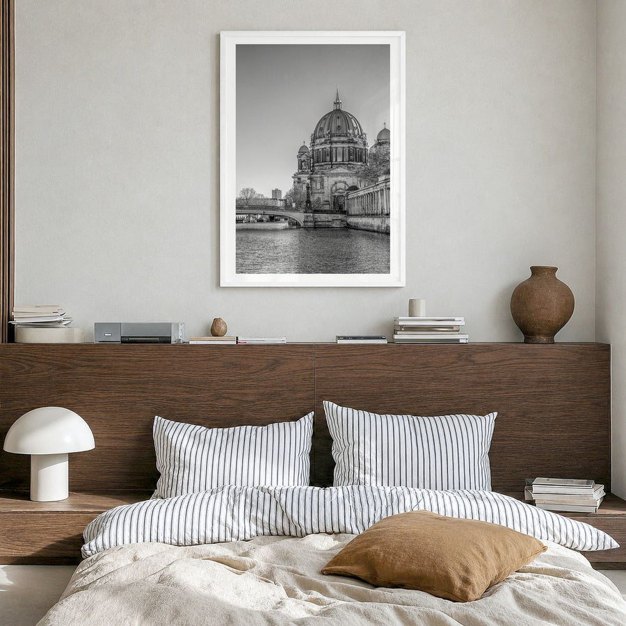 Berlin Photo No 2 Poster in a white wood frame, hanging in a bedroom, white border