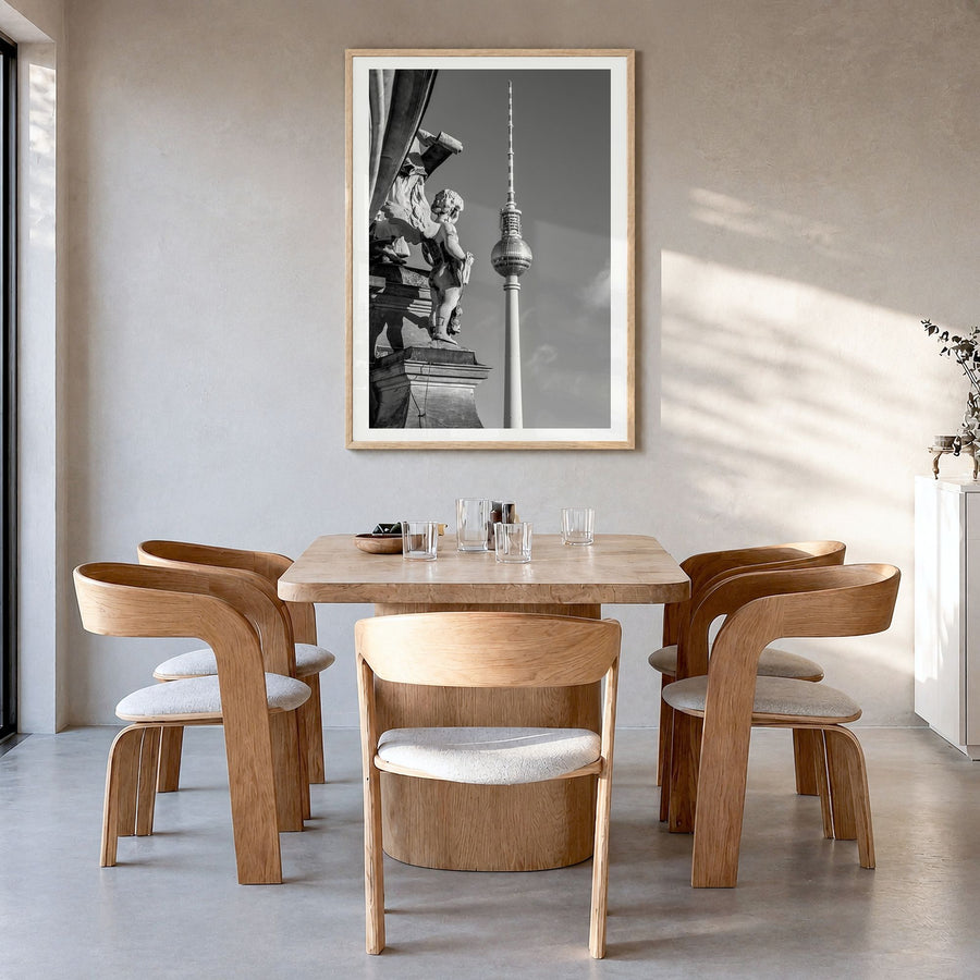 Berlin Photo No 3 Poster in a natural wood frame, hanging in a dining room, white border